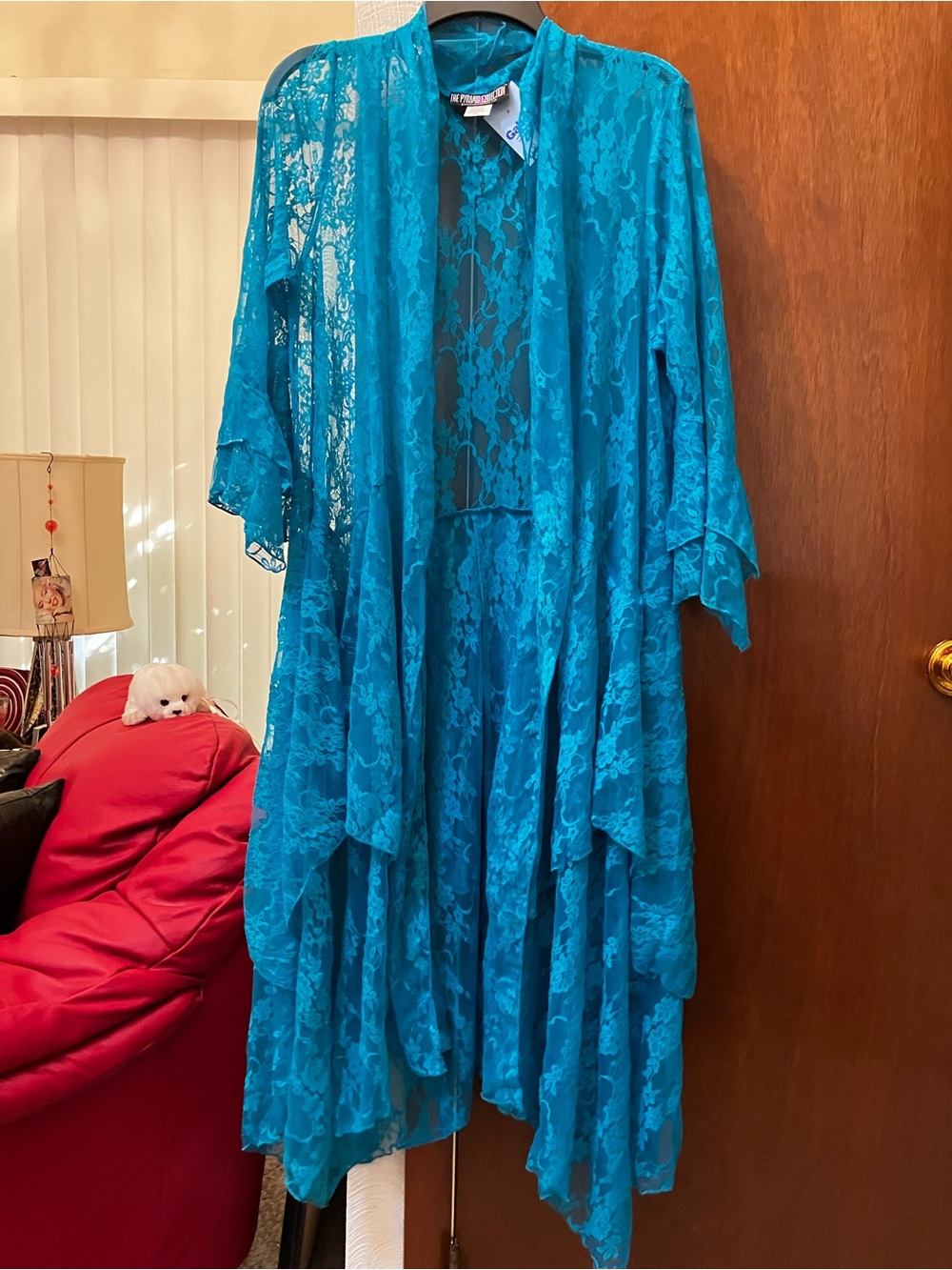 The Pyramid Collection Turquoise Sheer Lace Asymmetrical Duster NWT